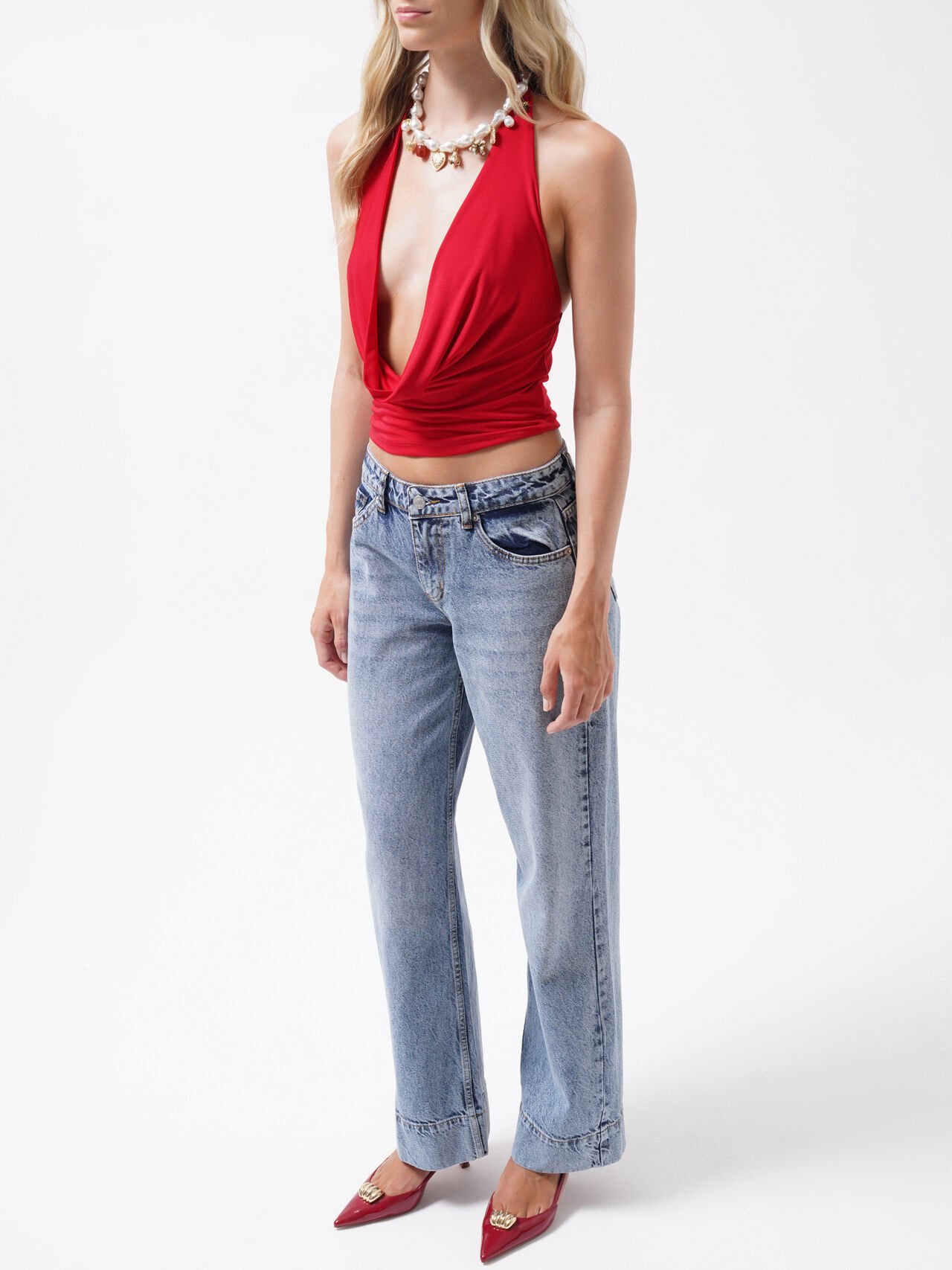 Toptan Double Paça Yüksek Bel Mavi Jean