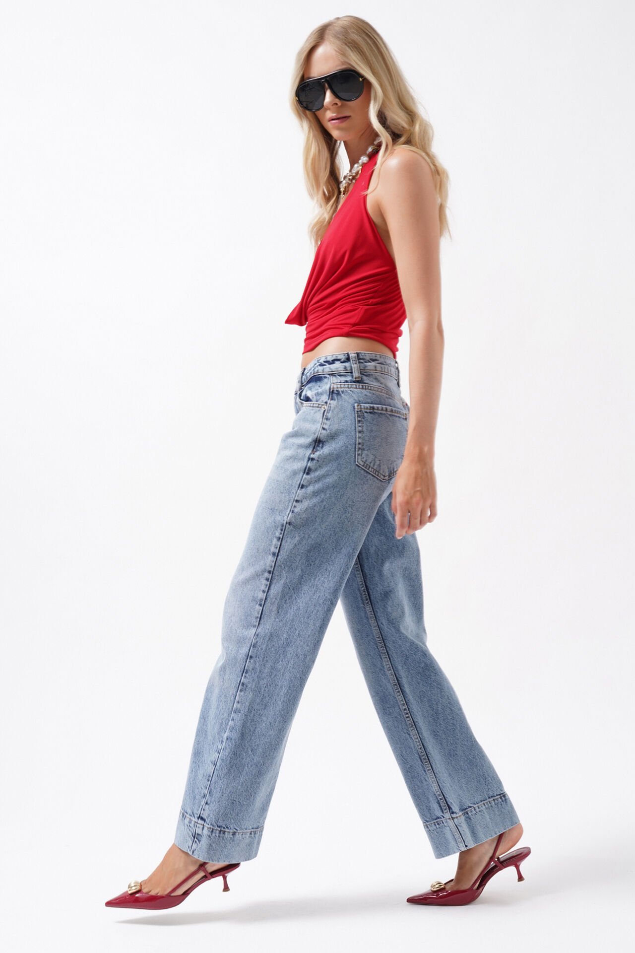 Wholesale Double Leg High Waist Blue Jeans