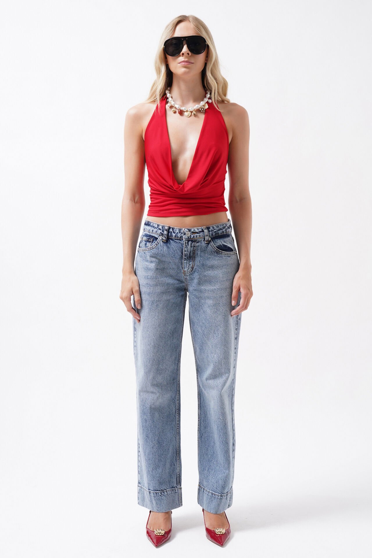 Wholesale Double Leg High Waist Blue Jeans