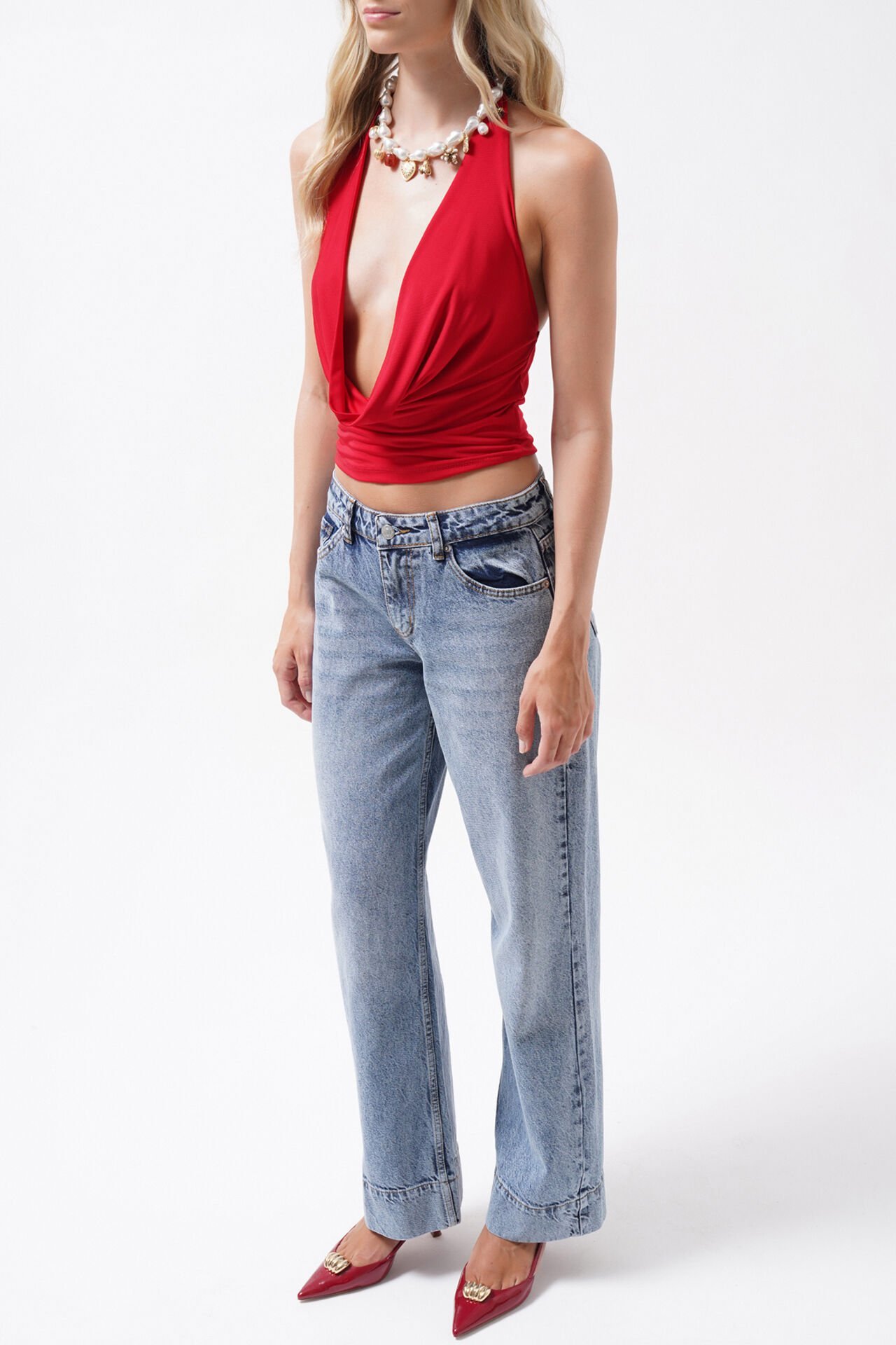 Toptan Double Paça Yüksek Bel Mavi Jean