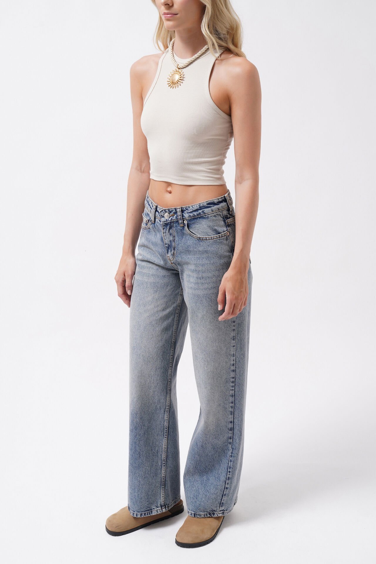 Wholesale Wash Detail High Waist Blue Jeans