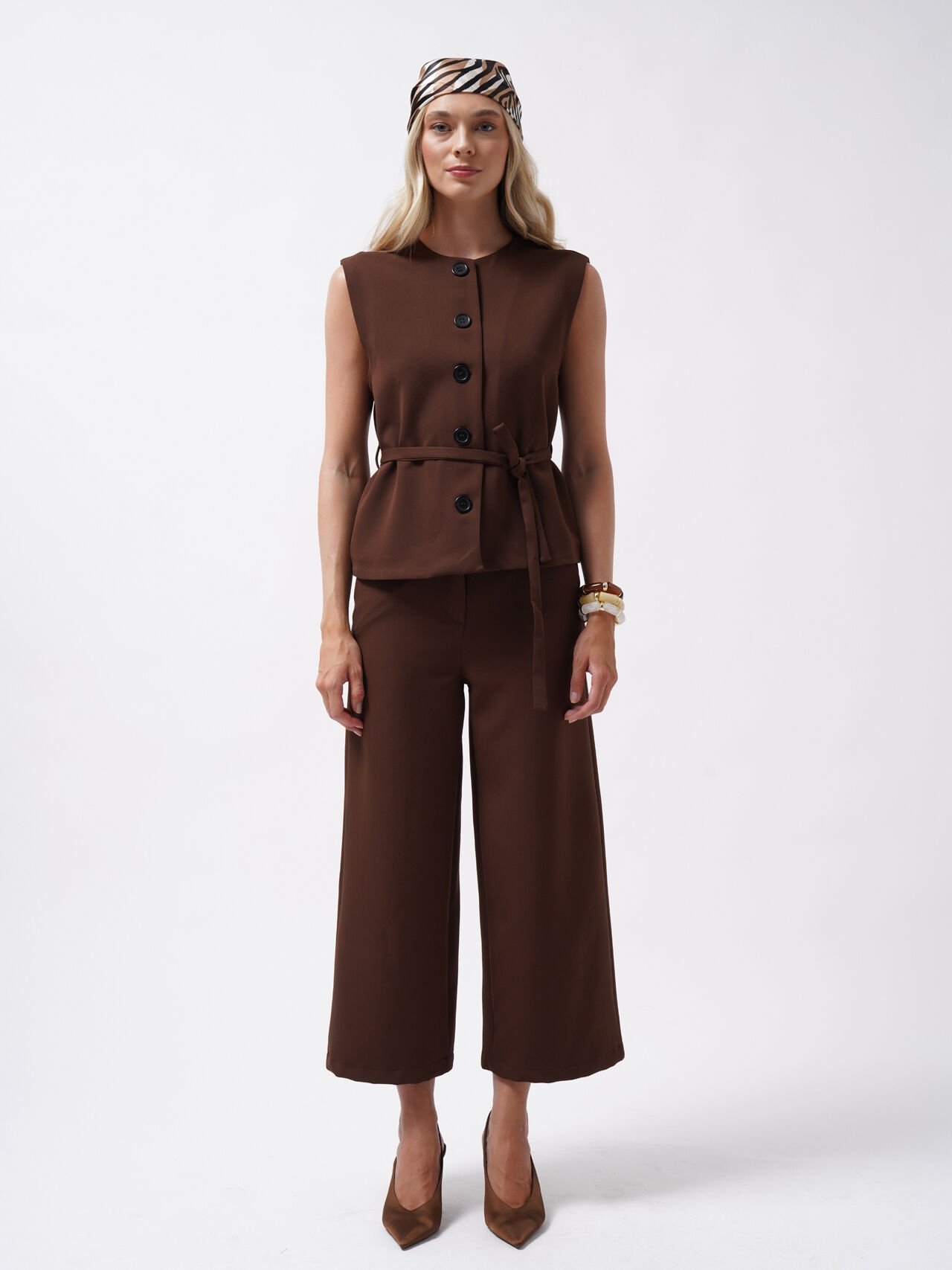 Wholesale Belted Woven Brown Vest
