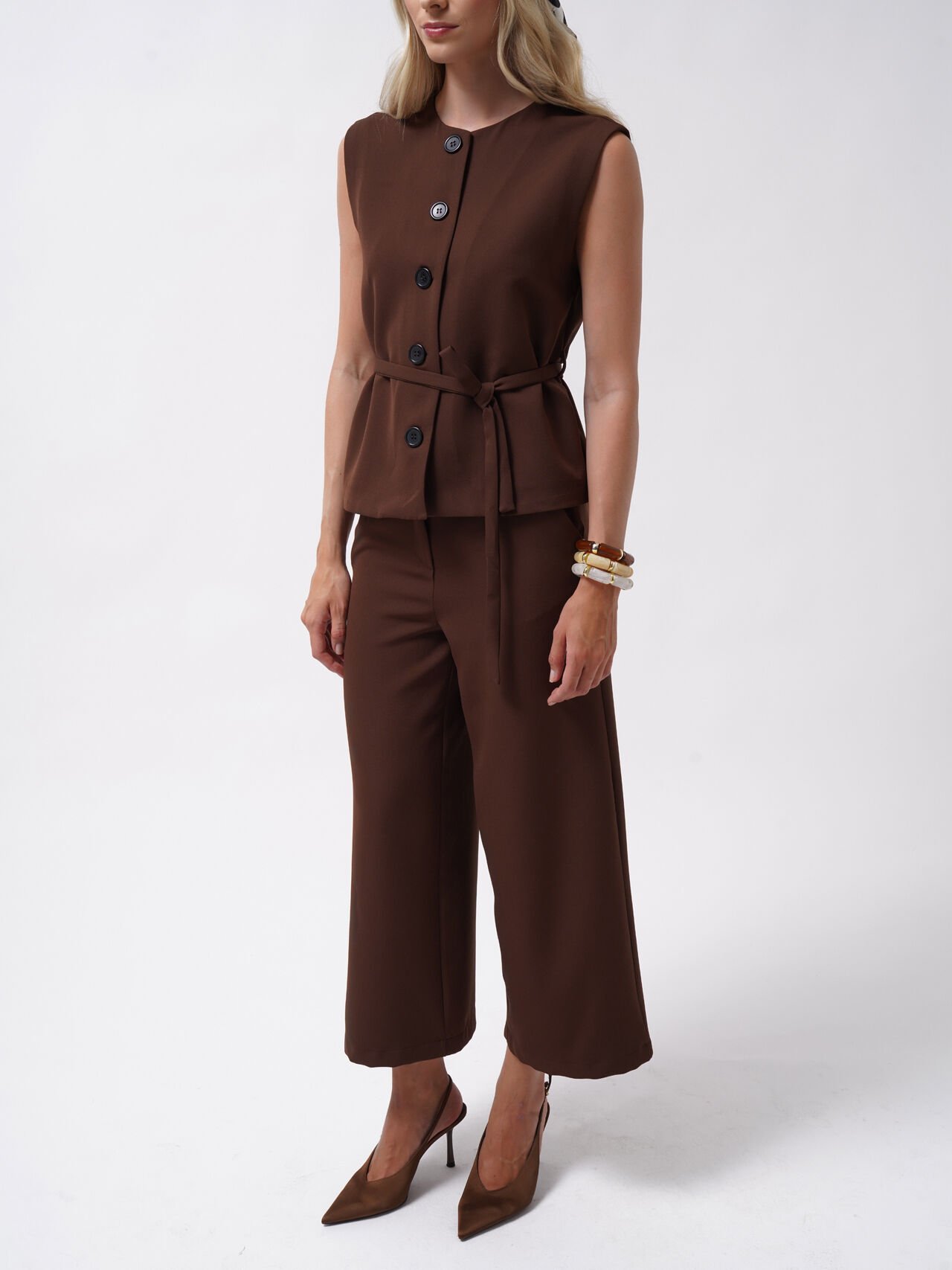 Wholesale Belted Woven Brown Vest