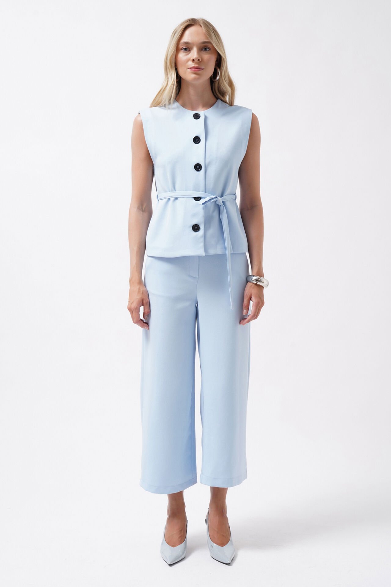 Wholesale Belted Woven Blue Vest