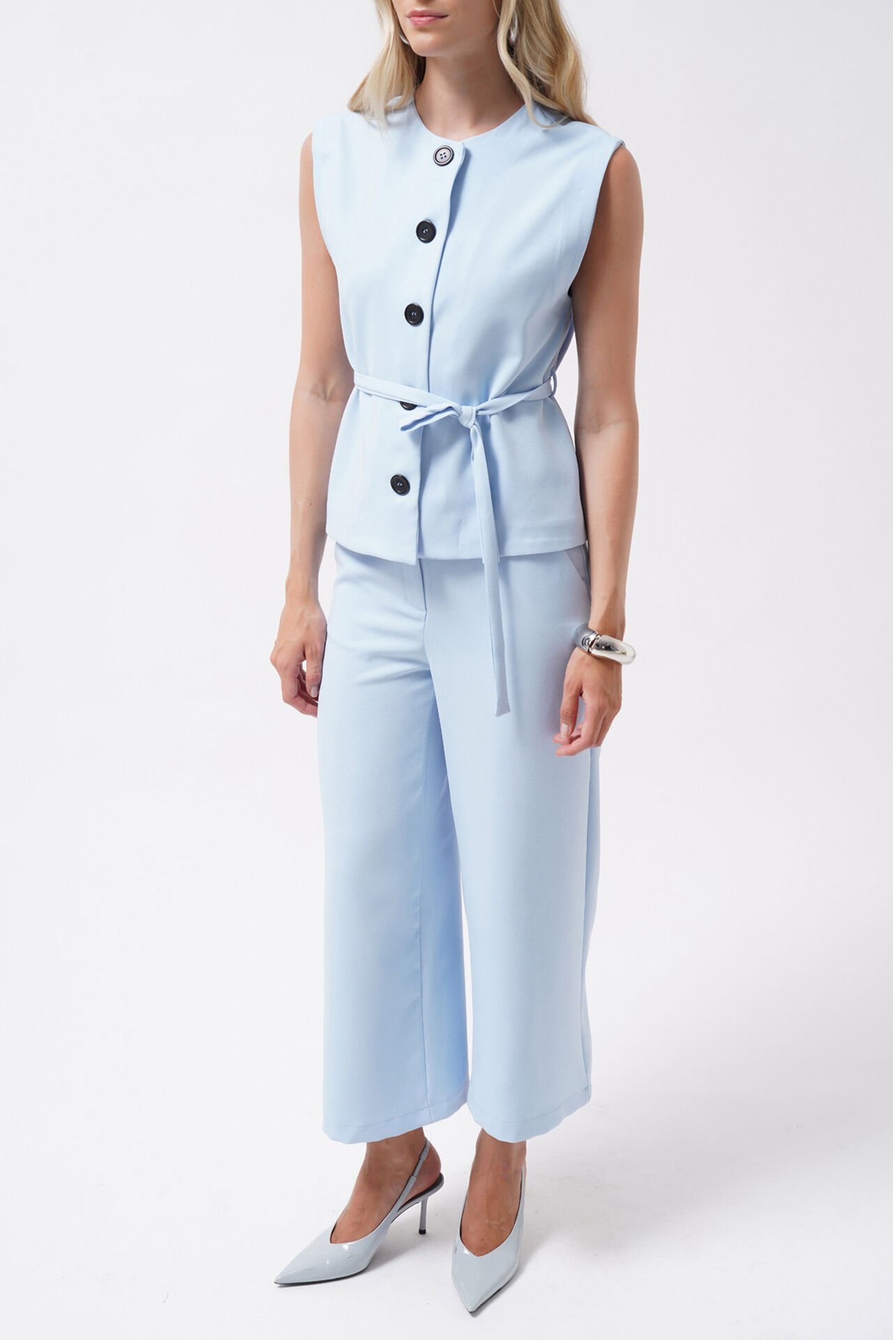 Wholesale Belted Woven Blue Vest