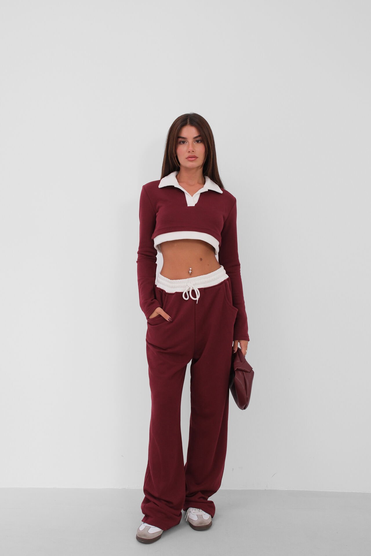 Toptan Polo Yaka Garnili Crop Bordo Sweatshirt