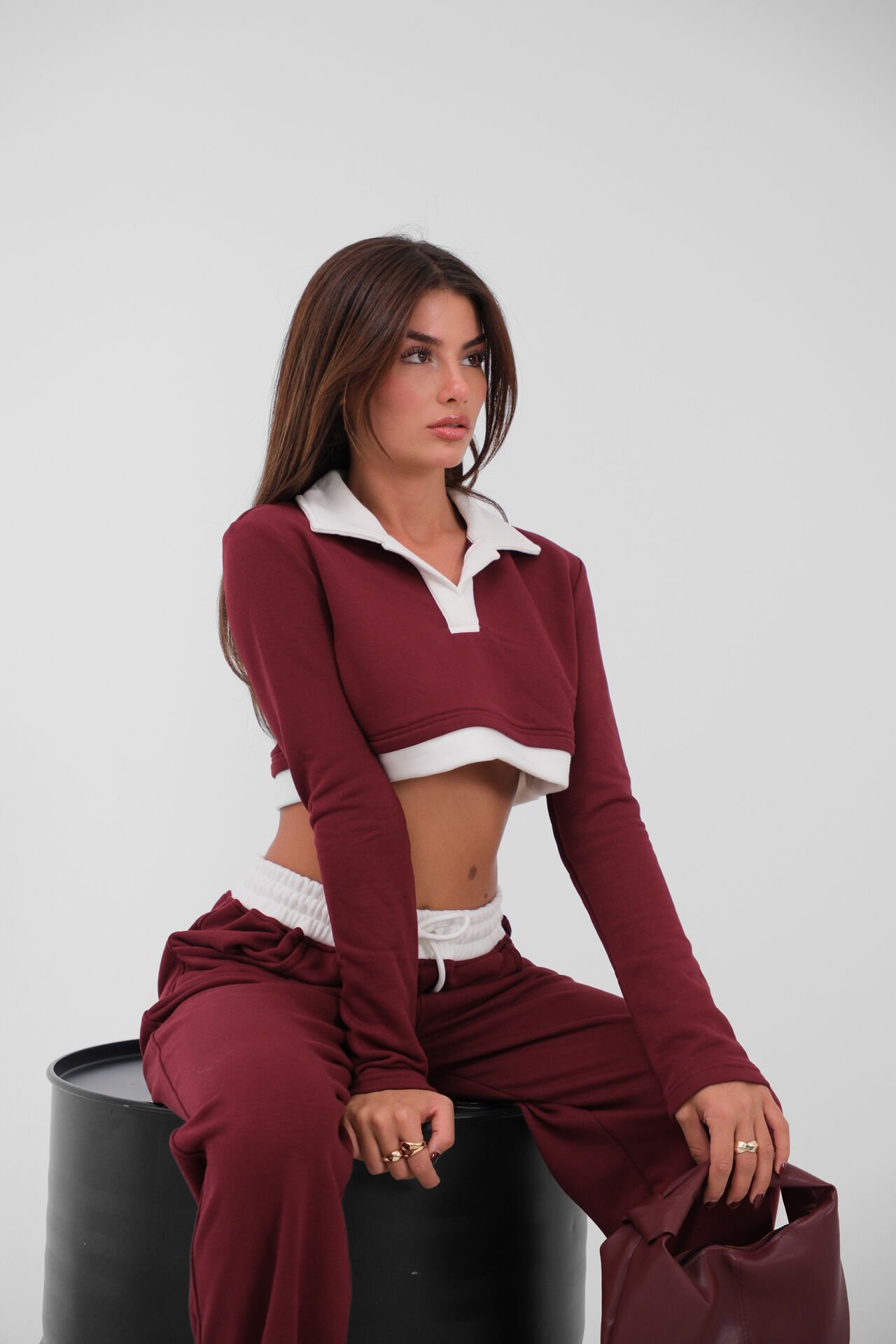 Toptan Polo Yaka Garnili Crop Bordo Sweatshirt