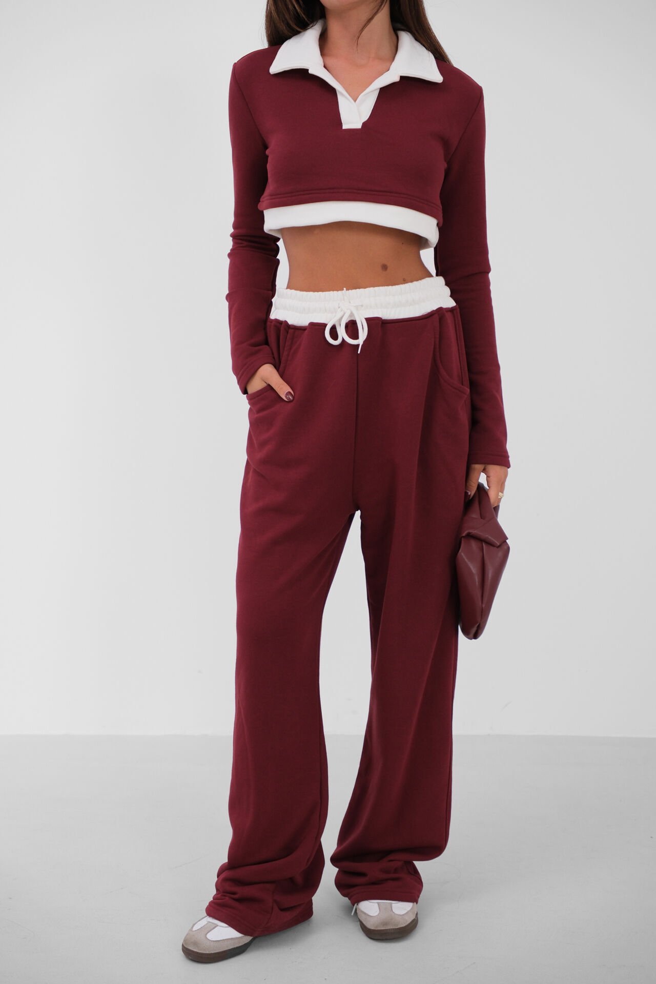 Toptan Polo Yaka Garnili Crop Bordo Sweatshirt