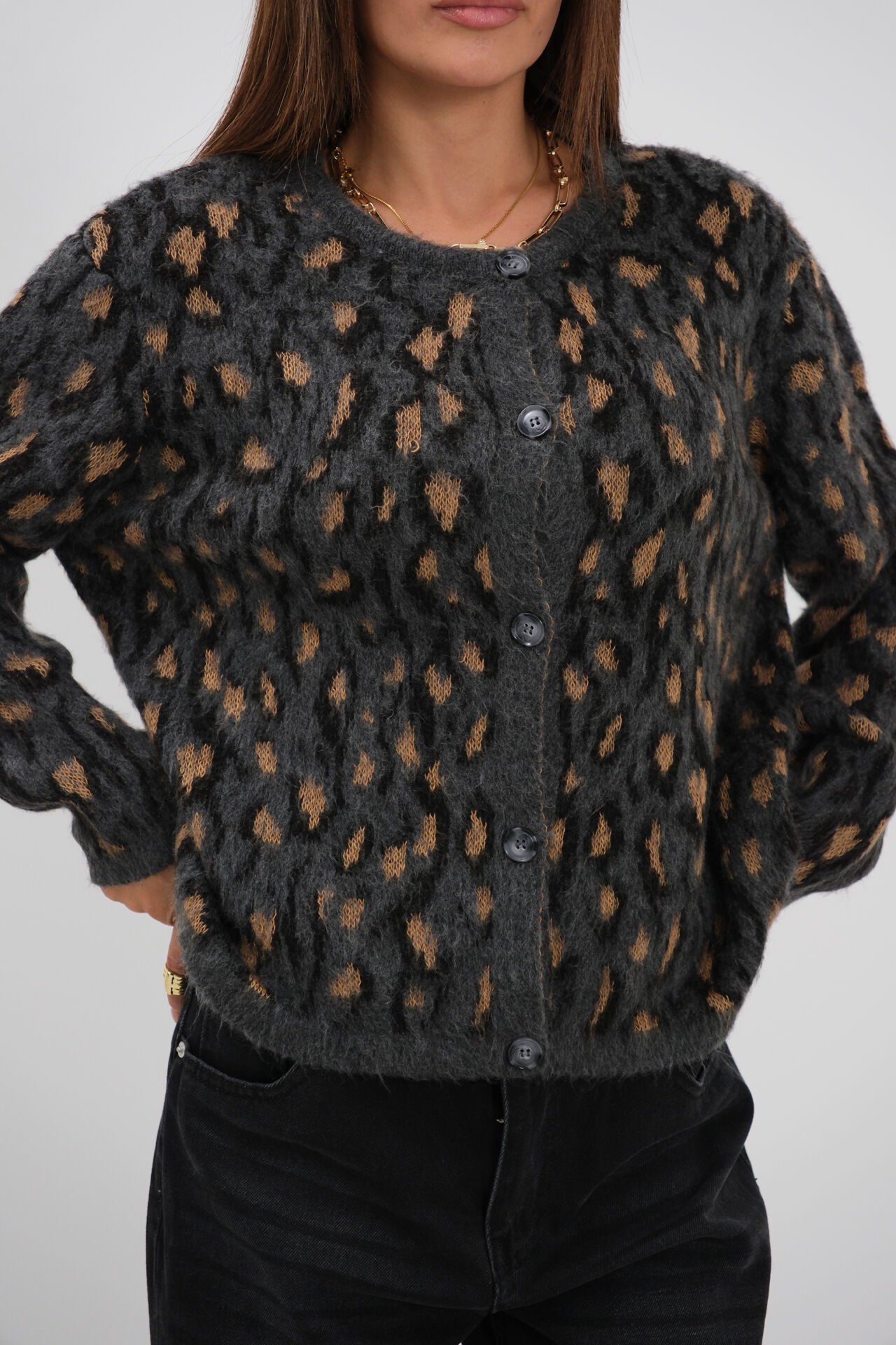 Toptan Leopar Desenli Siyah Hırka