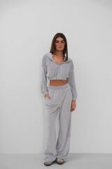 Wholesale Hooded Zippered Crop Sweat and Tracksuit Velvet Gray Set