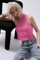 Toptan Tek Omuz Örgü Pembe Bluz