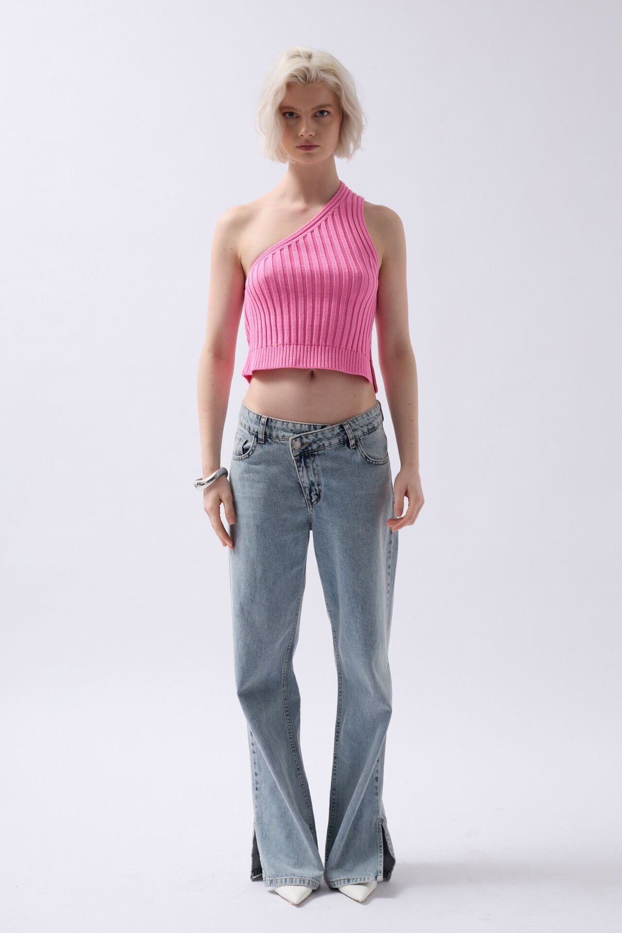 Wholesale One Shoulder Knitted Pink Blouse