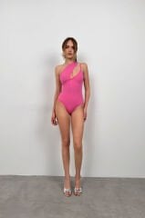 Toptan Asimetrik İnce Askılı Pembe Mayo