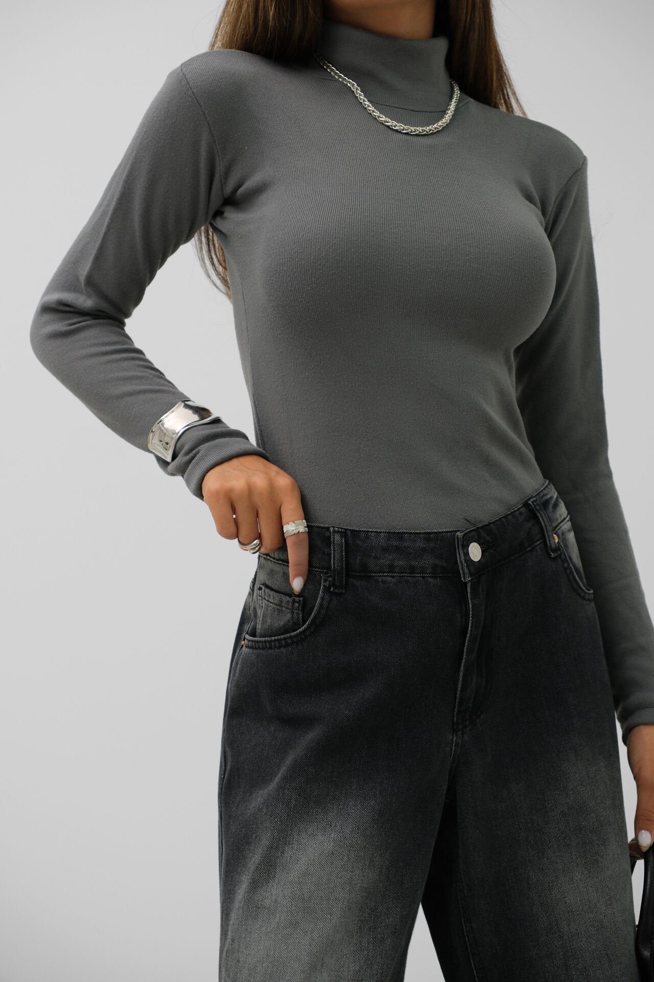 Wholesale Turtleneck Gray Knitted Blouse