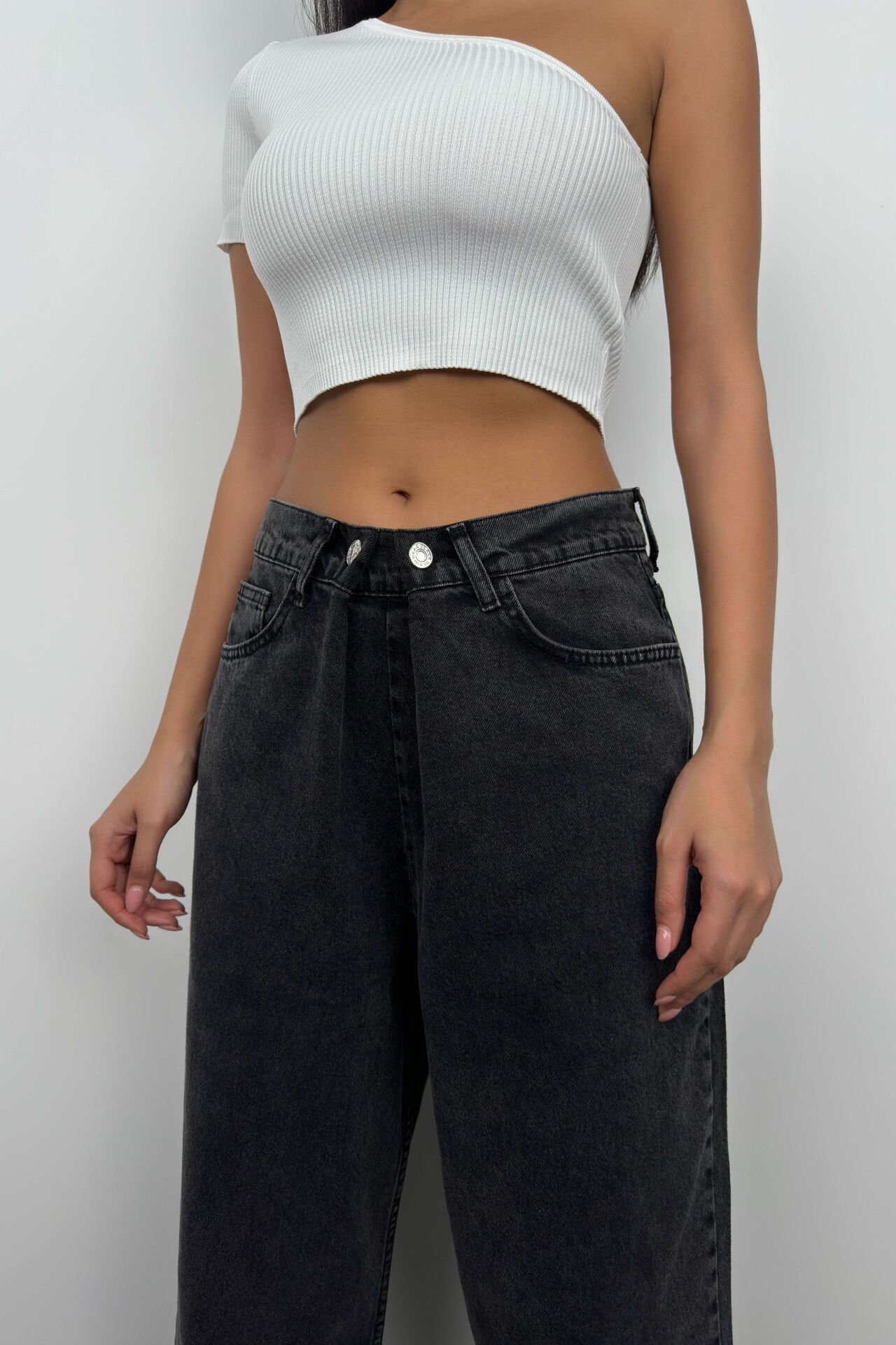Toptan Düşük Bel Çift Düğmeli Gri Wide Leg Jean