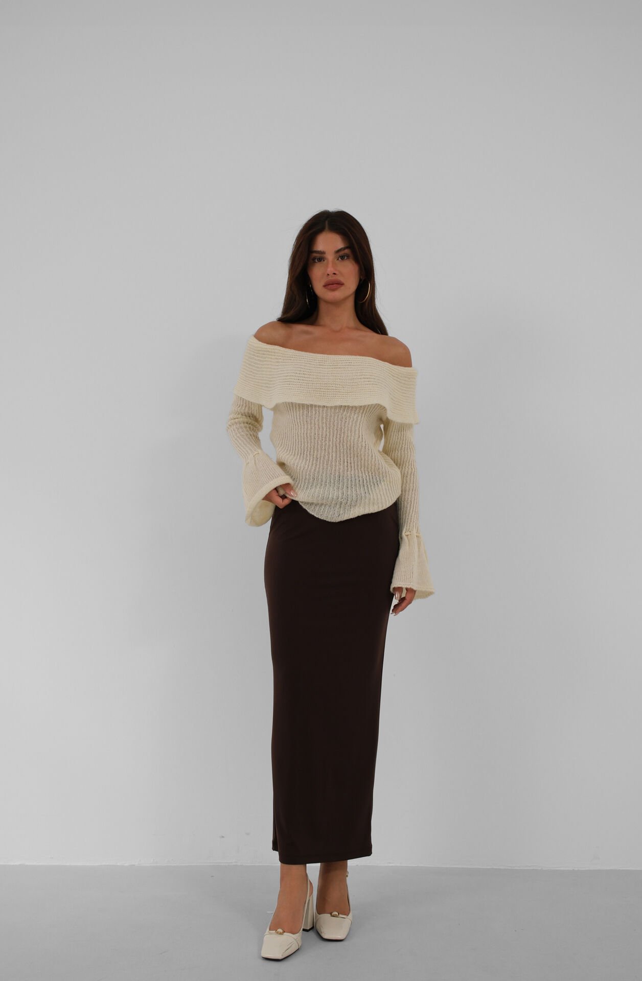 Wholesale Shoulder Decollete Cuff Detail Knitwear Ecru Sweater