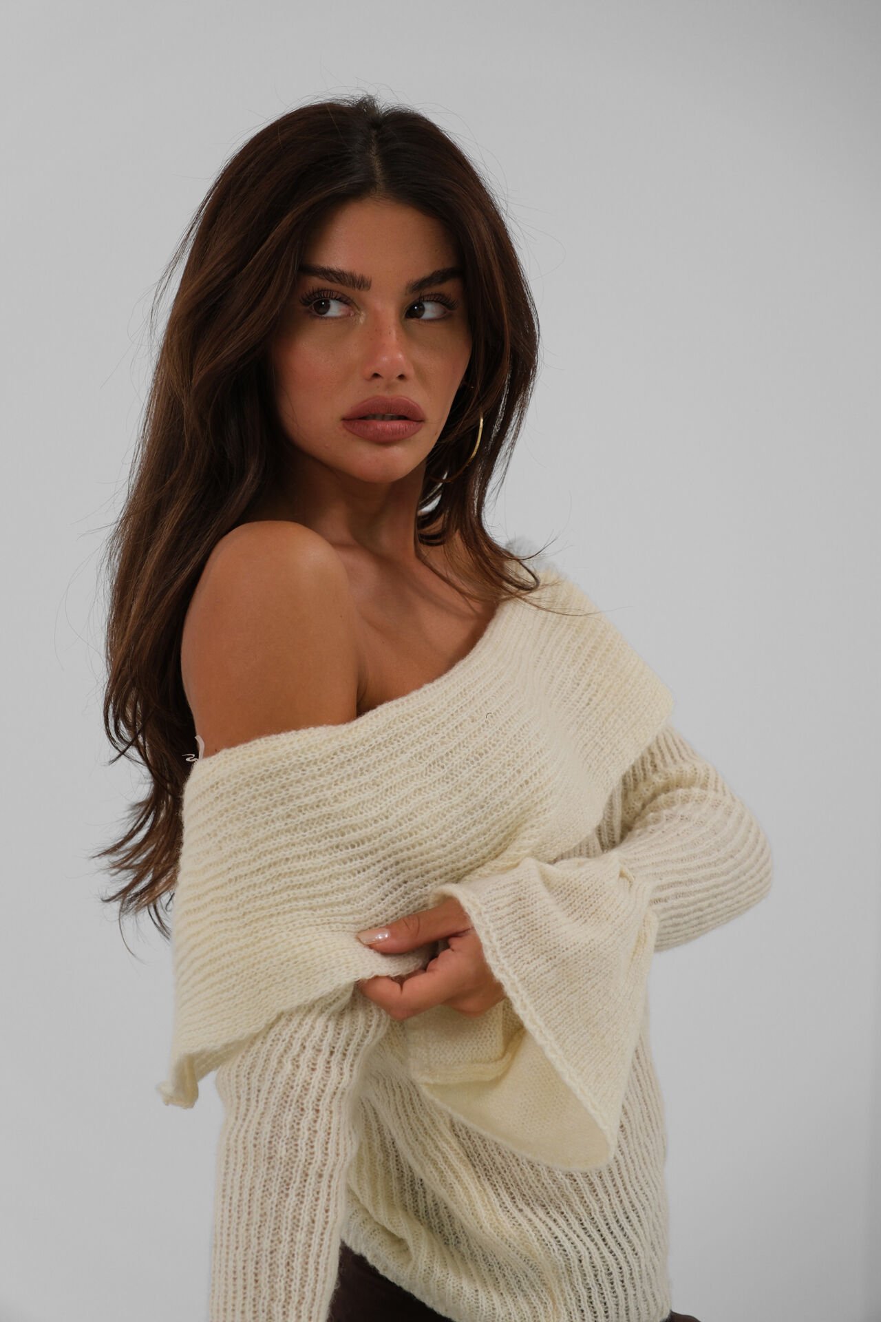 Wholesale Shoulder Decollete Cuff Detail Knitwear Ecru Sweater