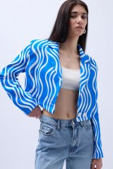 Toptan Desenli Mavi Crop Ceket
