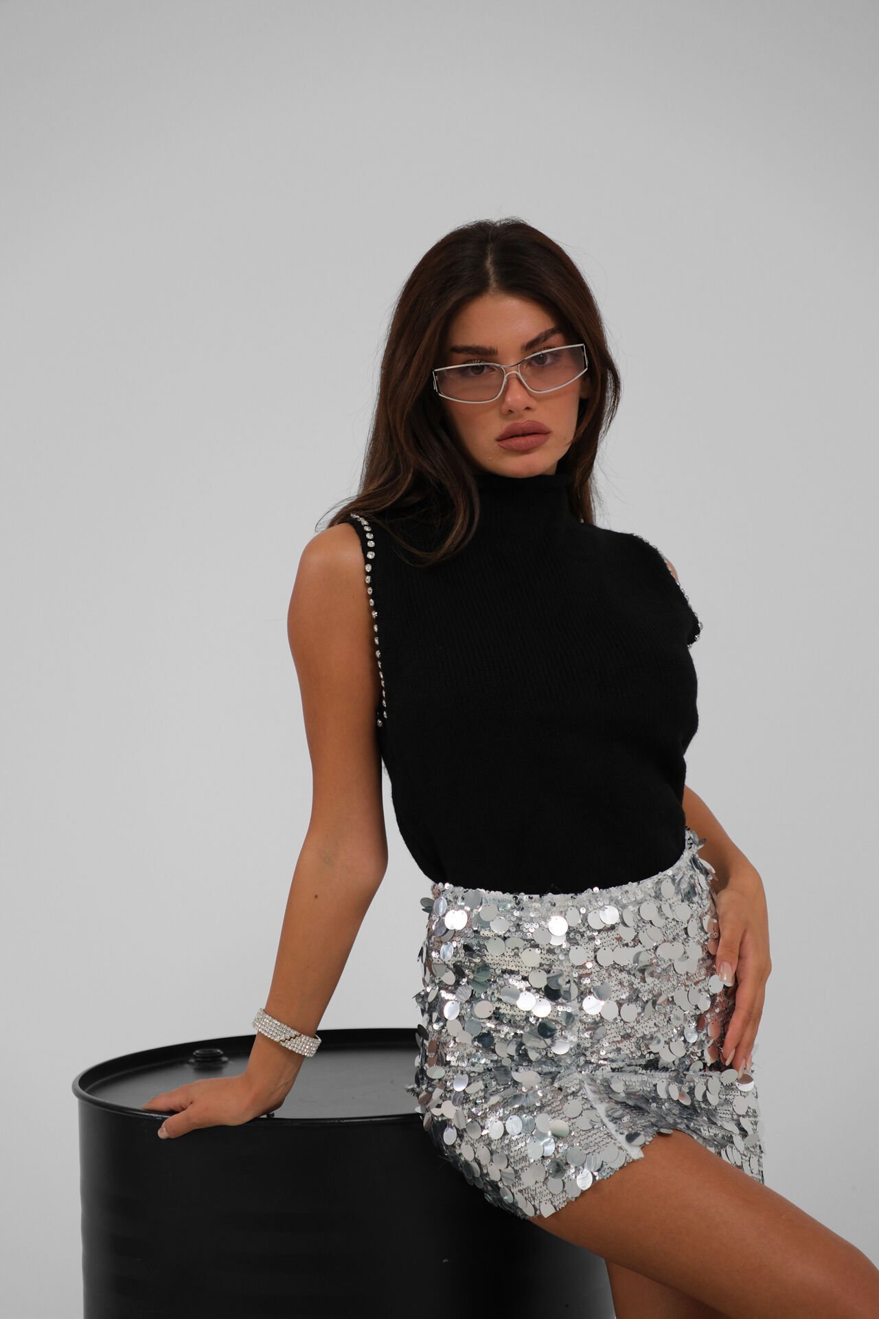 Toptan Taş Detaylı Triko Ekru Süveter