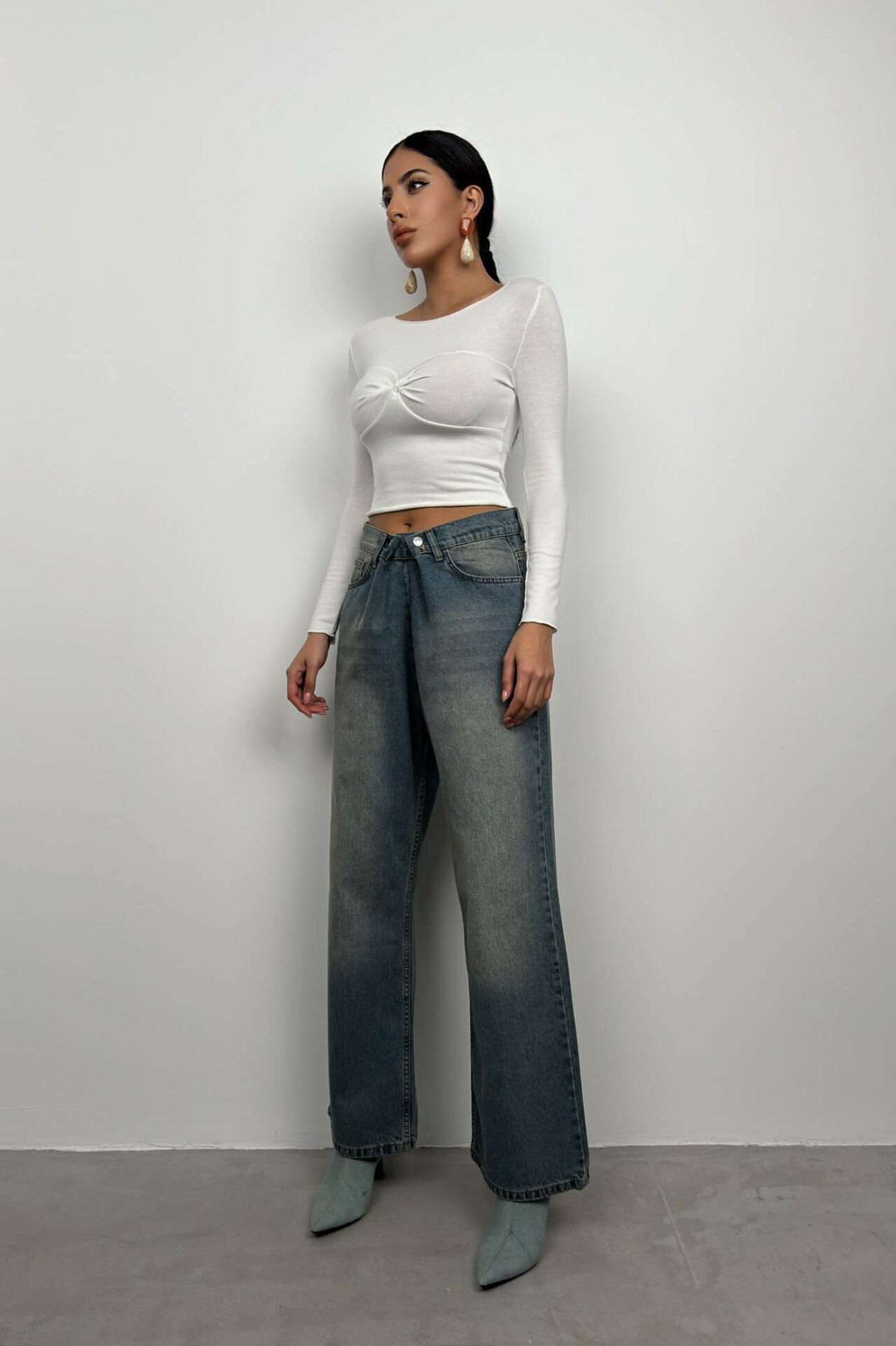 Toptan Düşük Bel Çift Düğmeli Mavi Wide Leg Jean
