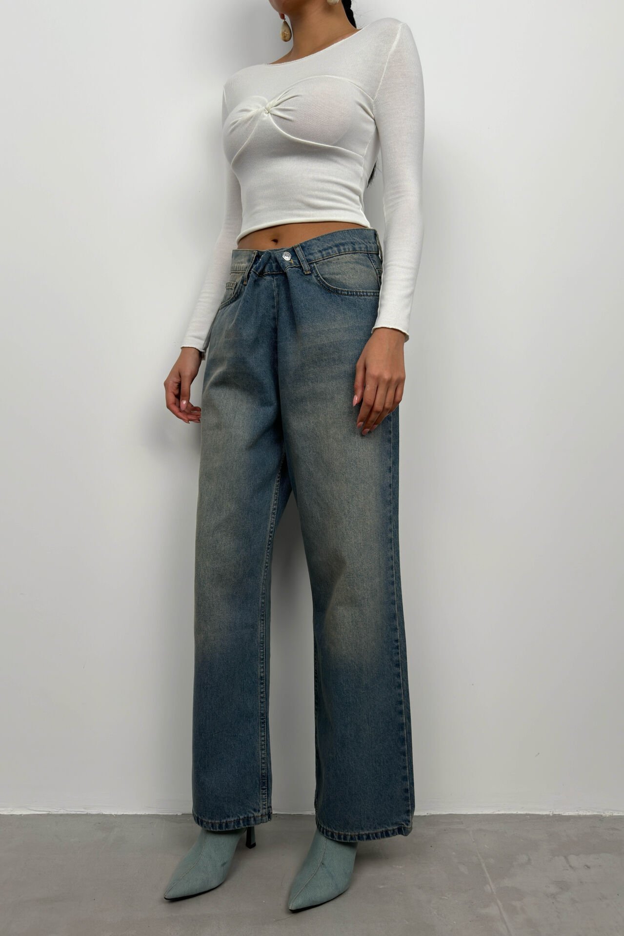 Toptan Düşük Bel Çift Düğmeli Mavi Wide Leg Jean