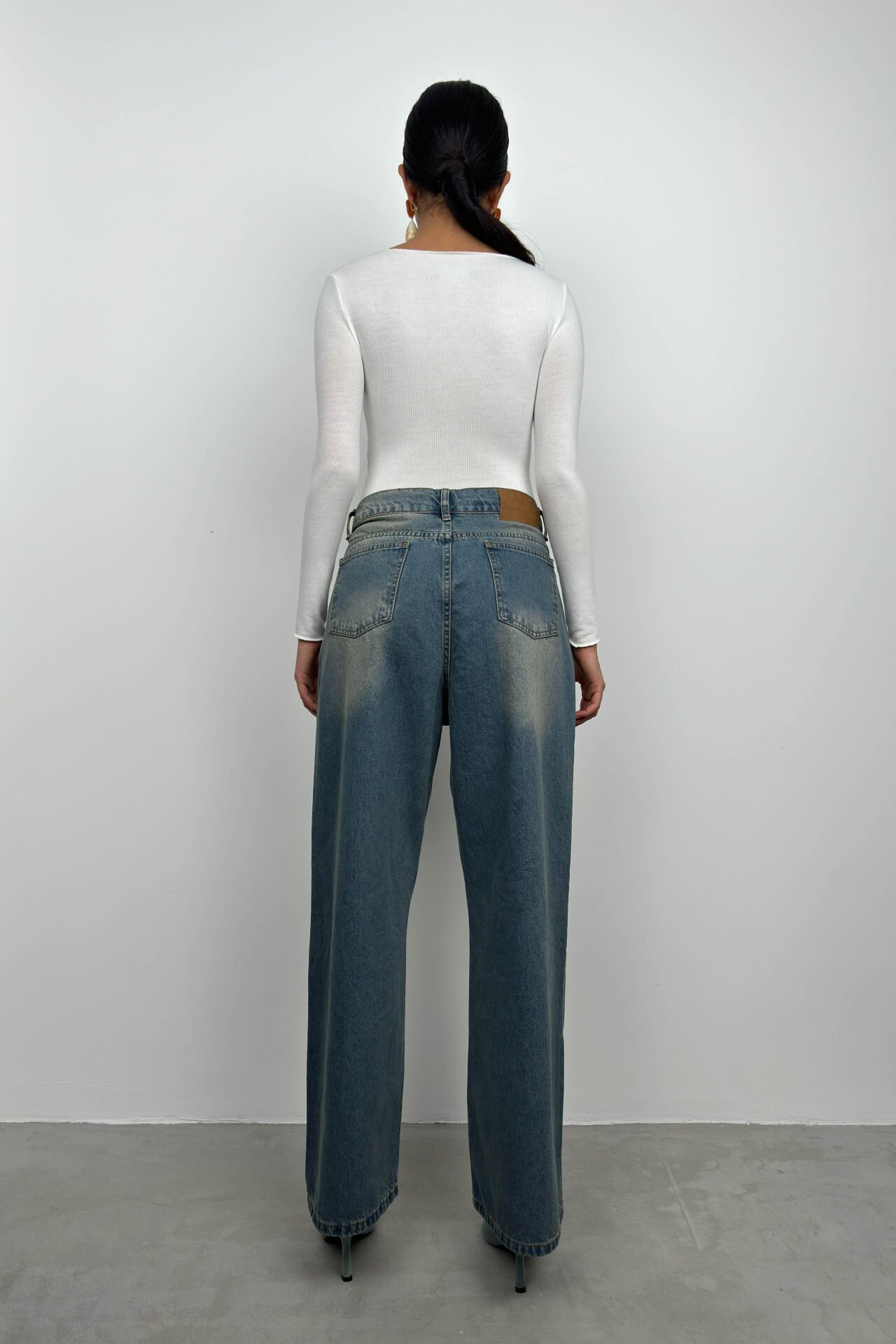 Toptan Düşük Bel Çift Düğmeli Mavi Wide Leg Jean
