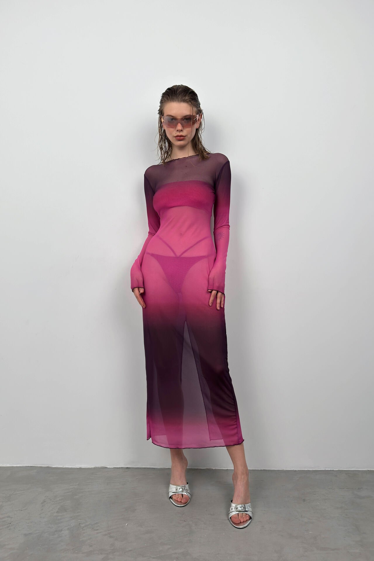 Toptan Baskılı Pembe Maxi Boy Elbise