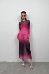 Toptan Baskılı Pembe Maxi Boy Elbise
