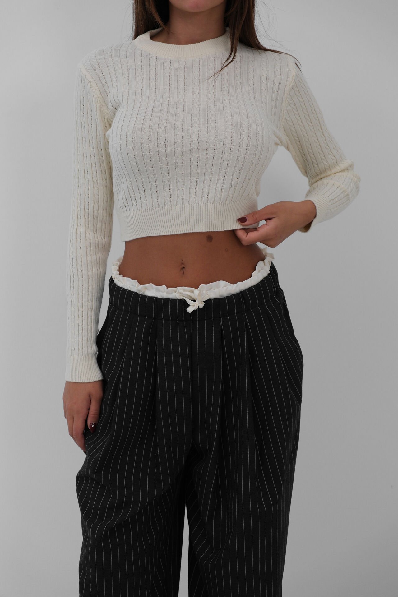 Wholesale Knit Detail Knitwear Crop Ecru Sweater