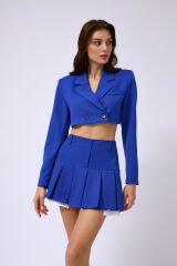 Toptan Pileli Etek Crop Saks Ceket Takım