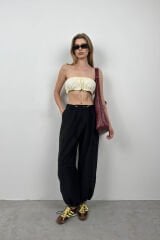 Toptan Lastik Detay Beyaz Straplez Crop