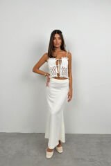 Toptan Dantelli Bağcık Detay Ekru Crop