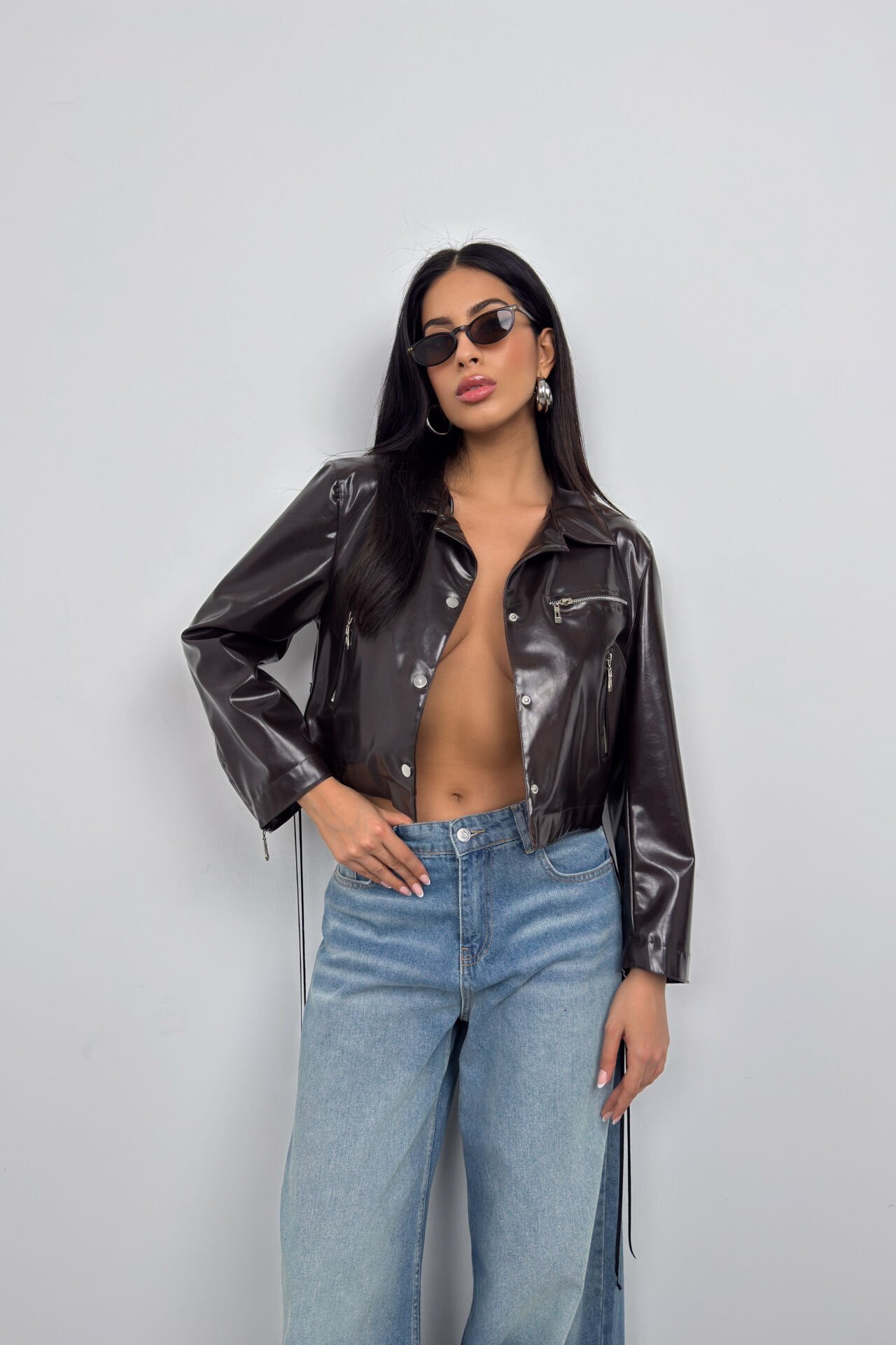 Wholesale Zipper Detail Shiny Brown Leather Jacket