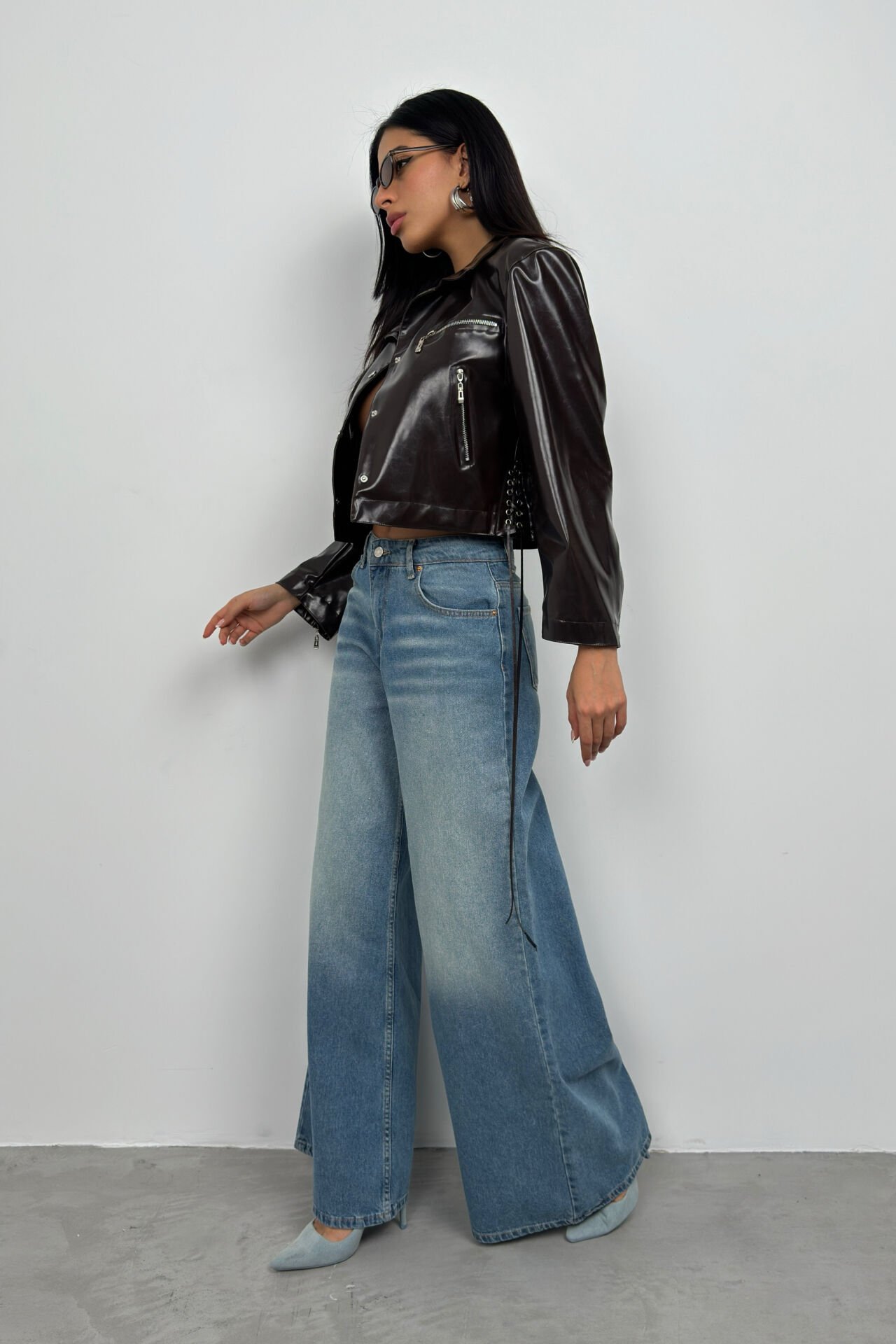 Wholesale Zipper Detail Shiny Brown Leather Jacket