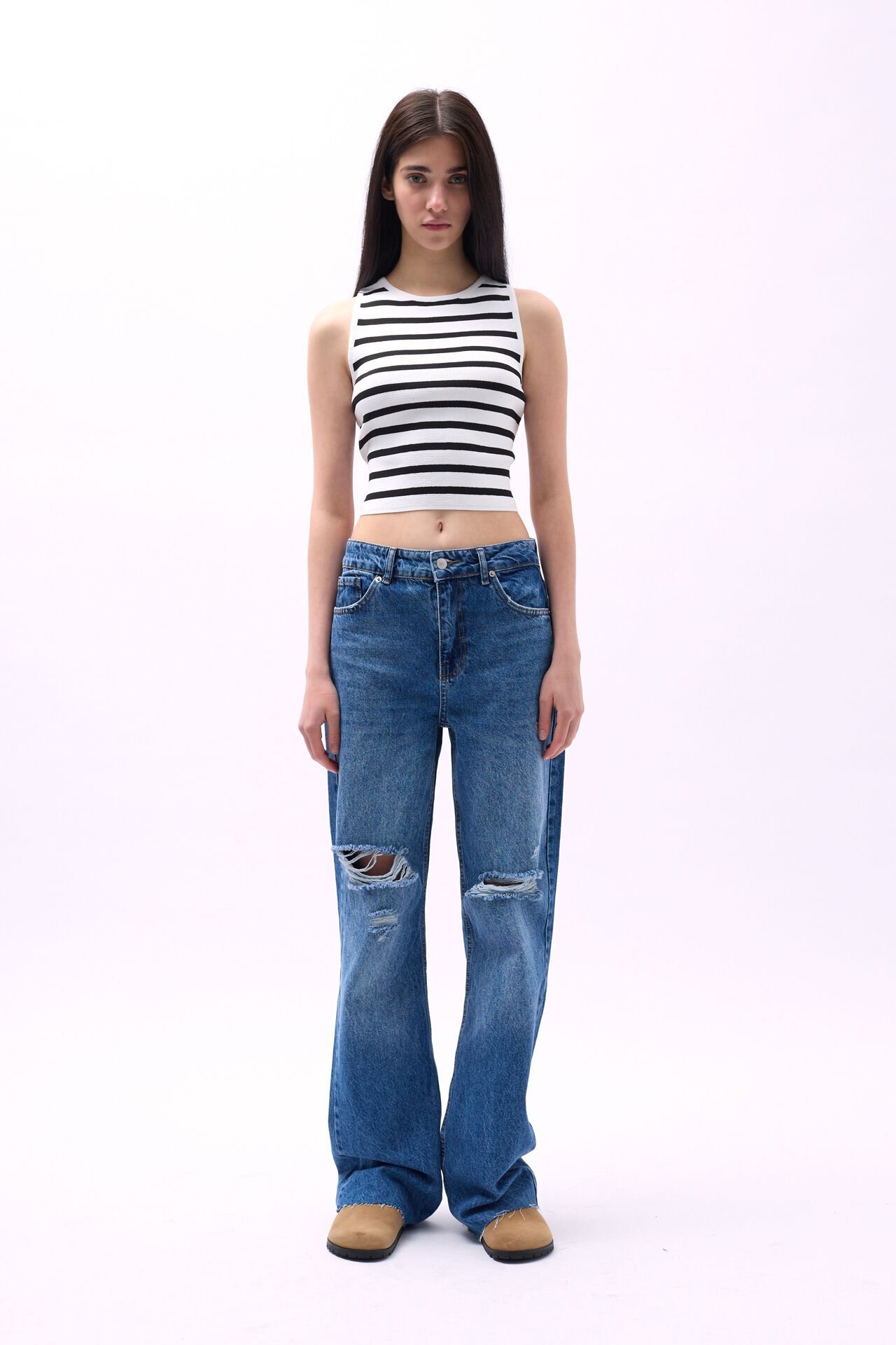 Toptan Halter Yaka Çizgili Beyaz-Siyah Crop