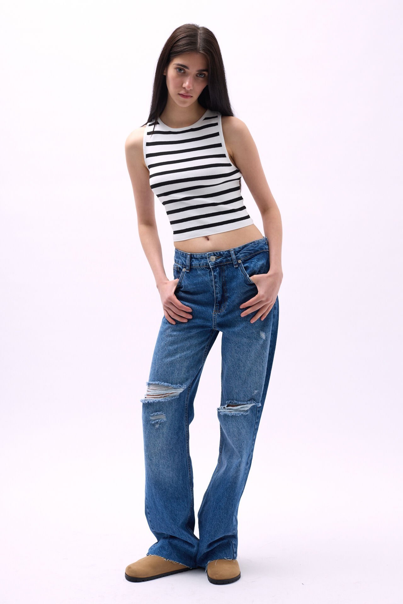 Toptan Halter Yaka Çizgili Beyaz-Siyah Crop