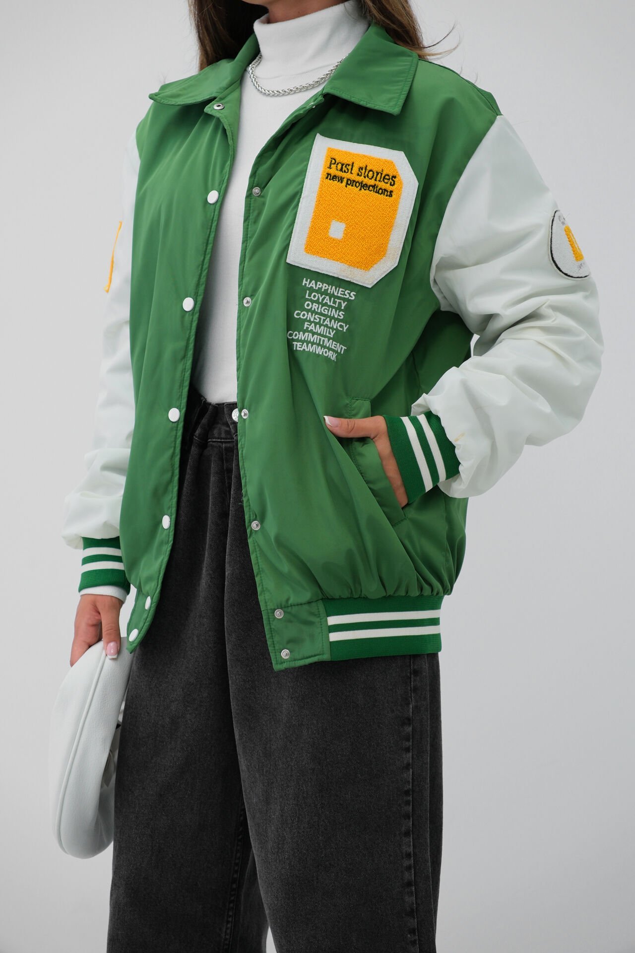 Wholesale Oversize Polo Collar Green College Jacket