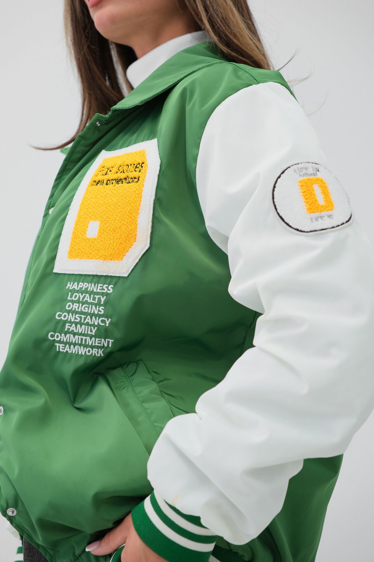 Wholesale Oversize Polo Collar Green College Jacket
