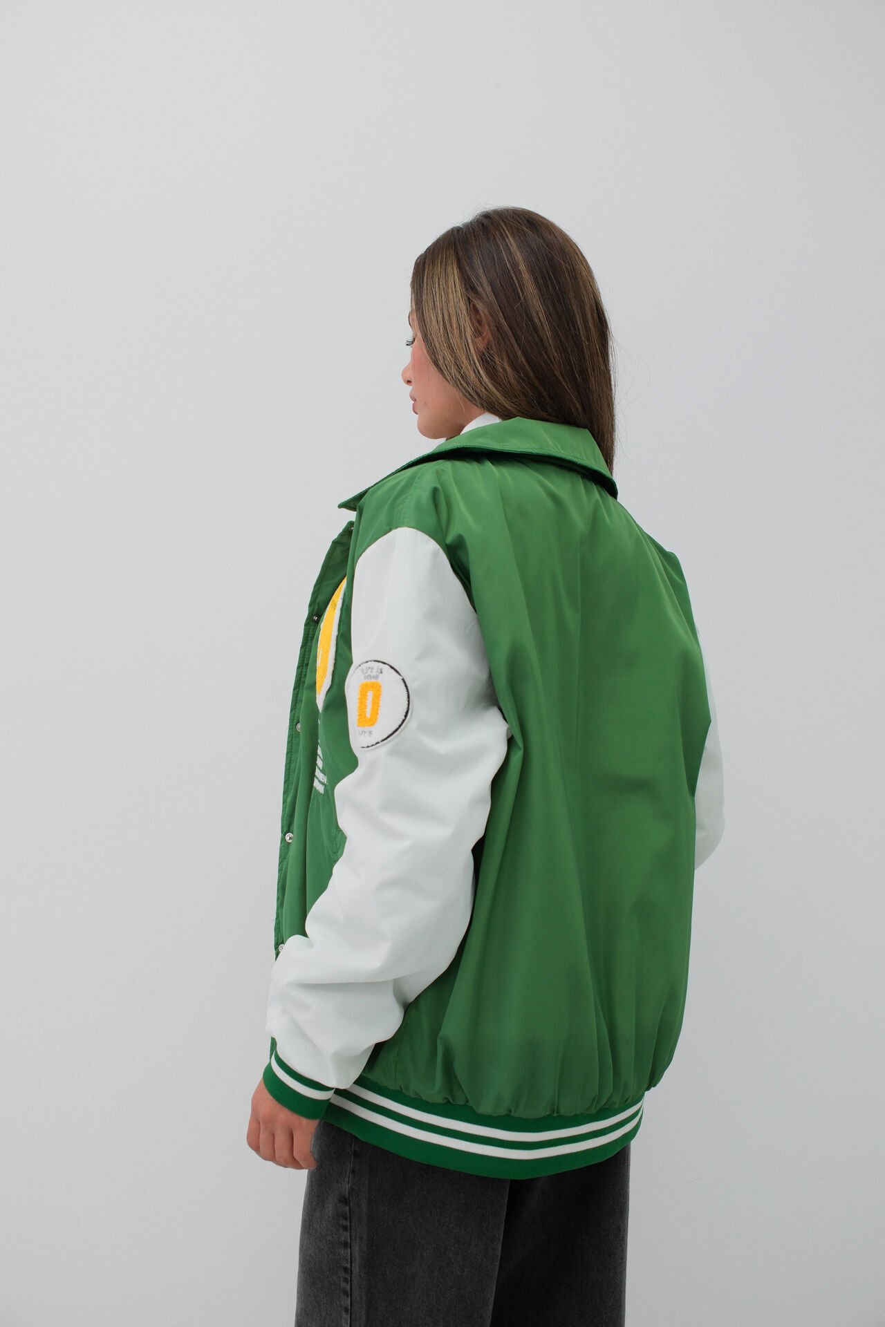 Wholesale Oversize Polo Collar Green College Jacket