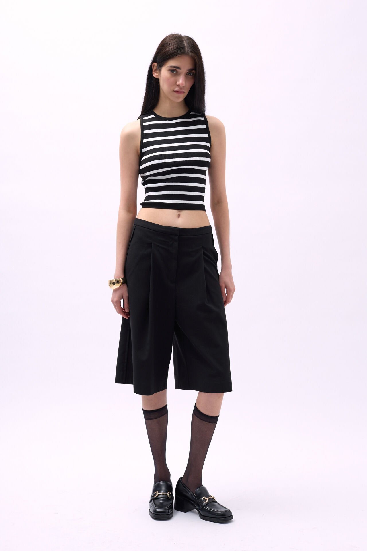 Toptan Halter Yaka Çizgili Siyah-Beyaz Crop