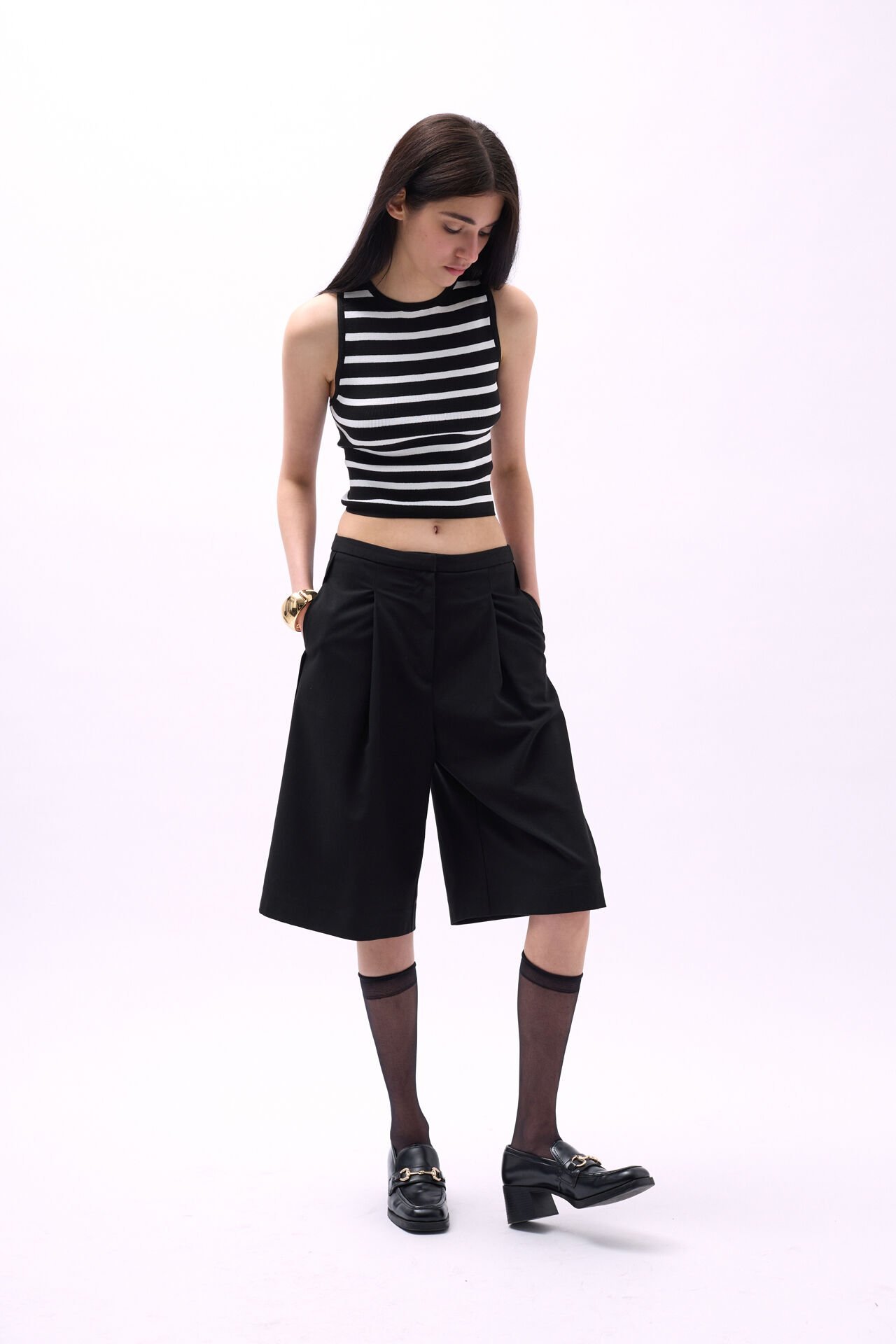 Toptan Halter Yaka Çizgili Siyah-Beyaz Crop