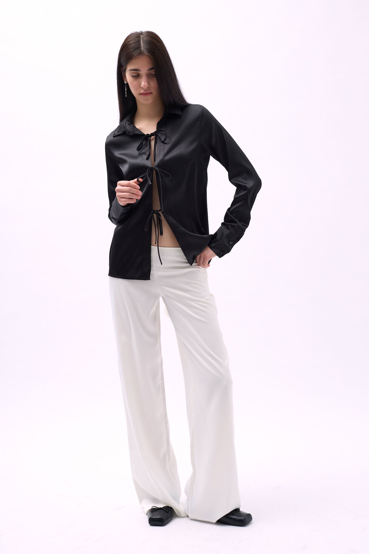 Wholesale Tie Detail Satin Black Shirt