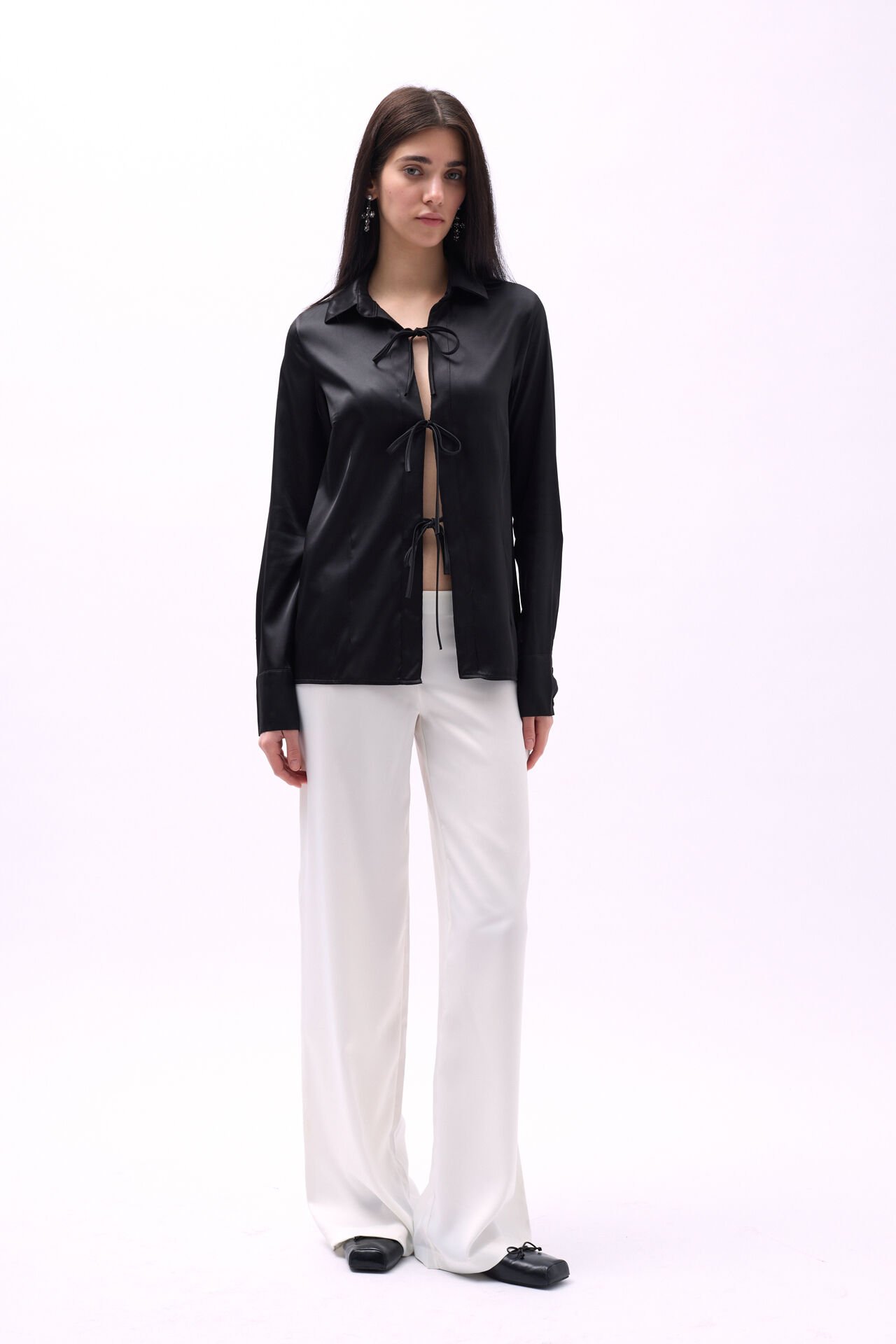 Wholesale Tie Detail Satin Black Shirt