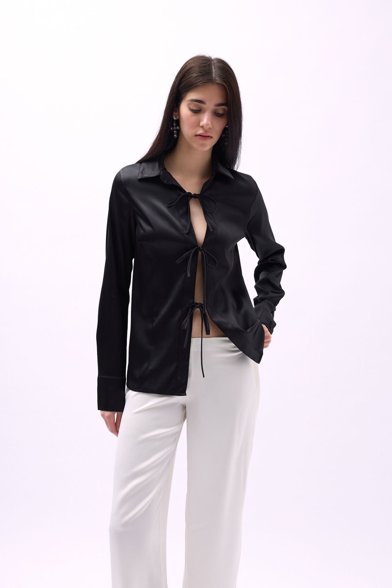 Wholesale Tie Detail Satin Black Shirt