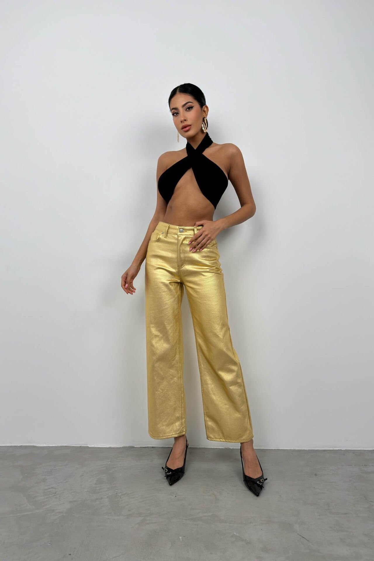 Toptan Metalik Gold Yüksek Bel Pantolon