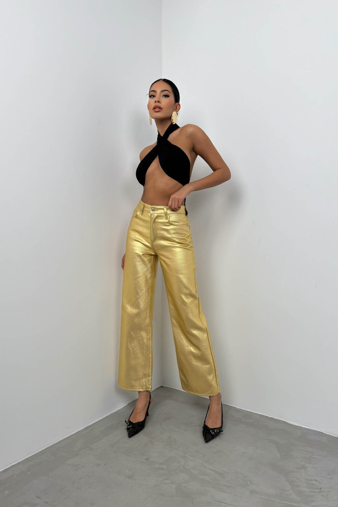 Toptan Metalik Gold Yüksek Bel Pantolon