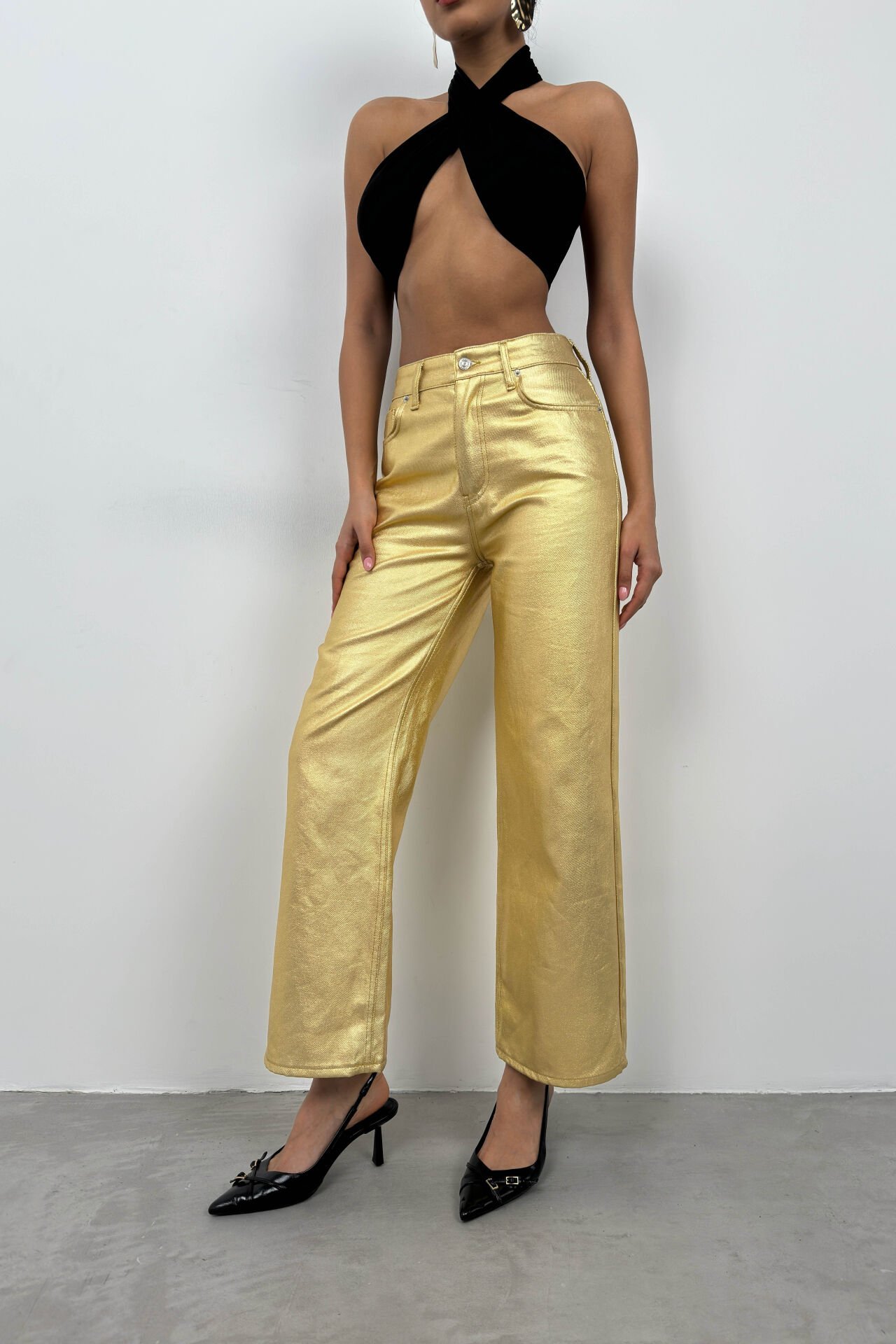 Toptan Metalik Gold Yüksek Bel Pantolon
