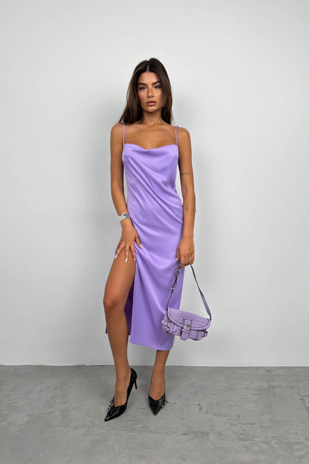 Toptan Kemer Detay Lila Rugan Çanta