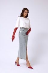 Wholesale Foil Printed Slit Blue Maxi Denim Skirt