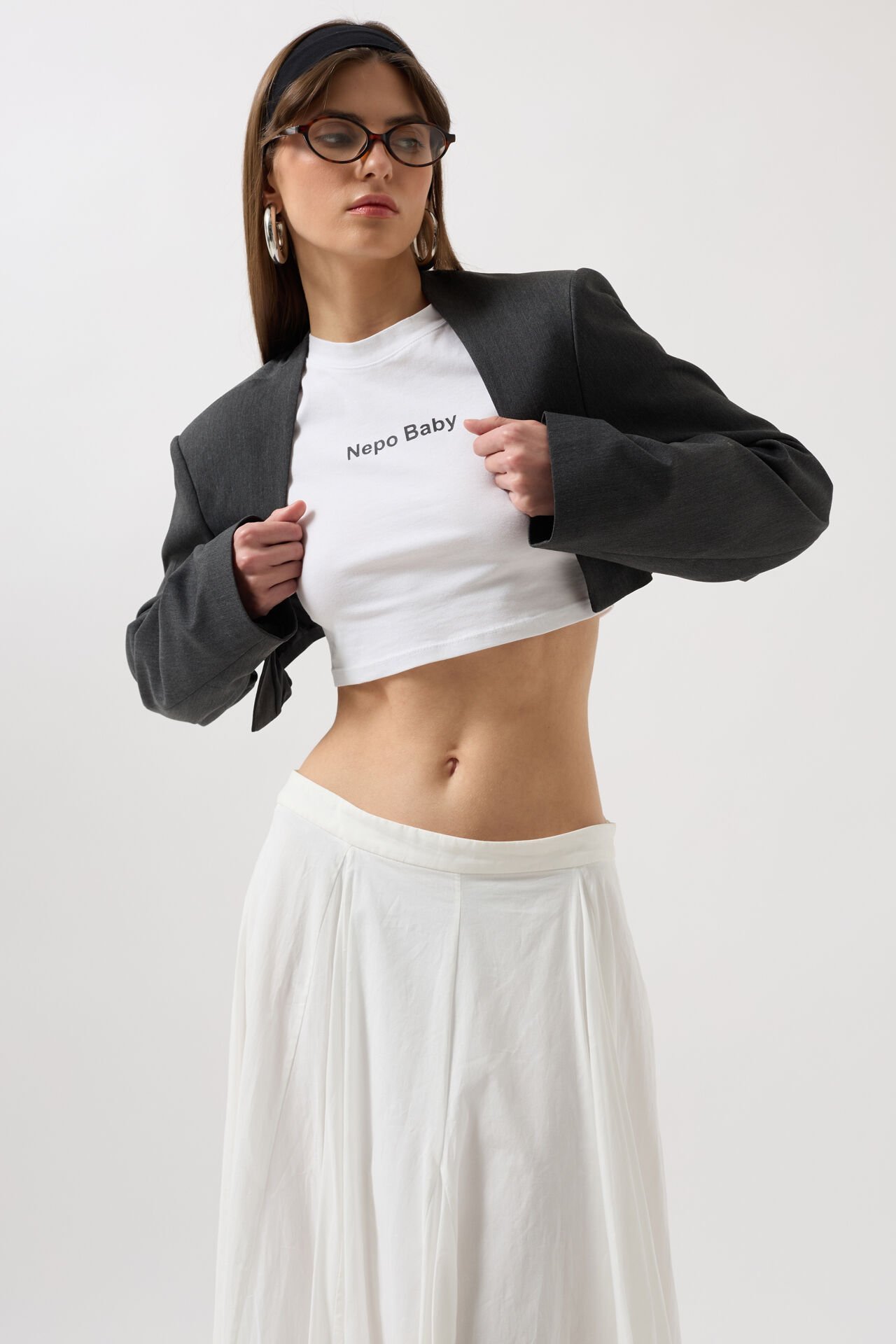 Wholesale Chest Bra Detail Dark Grey Crop Jacket